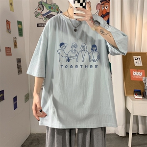 YT26191-P30 亚麻短袖t恤男大码五分袖男宽松七分袖 海报风图片