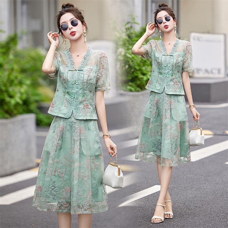 新中式国风两件套装连衣裙女夏季时尚高级感显瘦刺绣欧根纱裙子夏，女装套装/套裙，艾仟回(原伊仟回)
