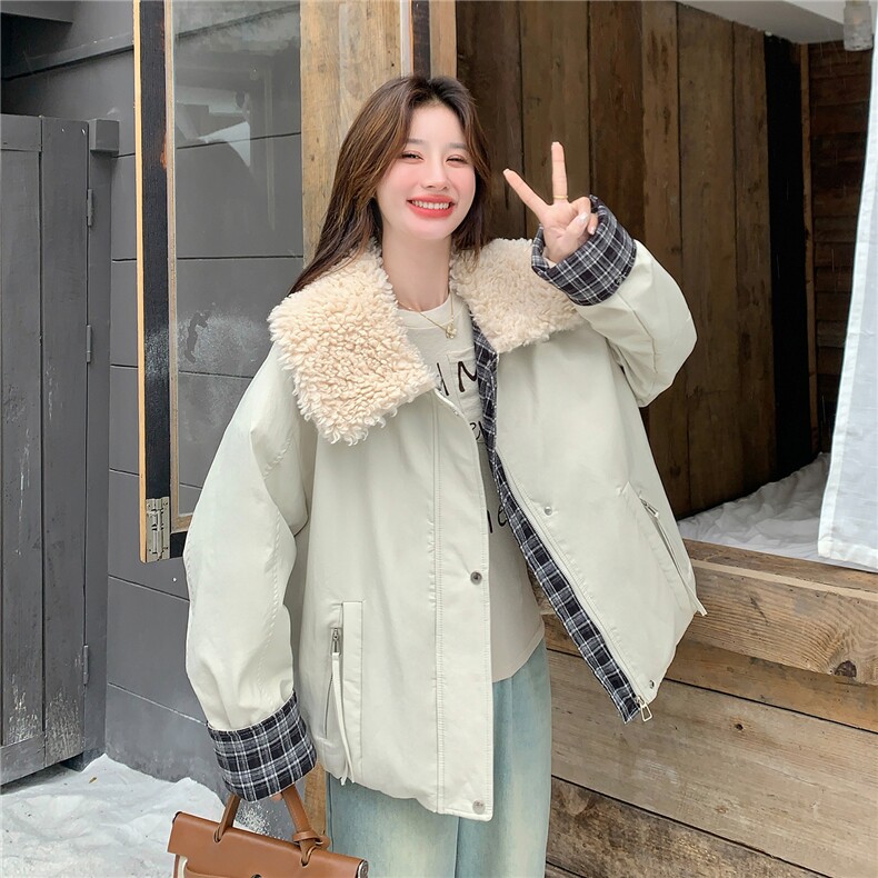 巨好看格纹拼接羊羔毛派克服女2025冬季新款韩系加绒加厚棉衣外套,女装棉衣/棉服,2C306