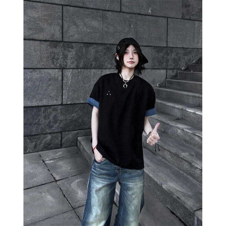 翻边格子短袖t恤男重磅夏季潮牌五分袖XT7302-P35,男装T恤,星座1007（原301D）