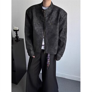 1506/Q25830/P65灰色皮衣外套男春秋美式复古机车骑行服飞行外套图片