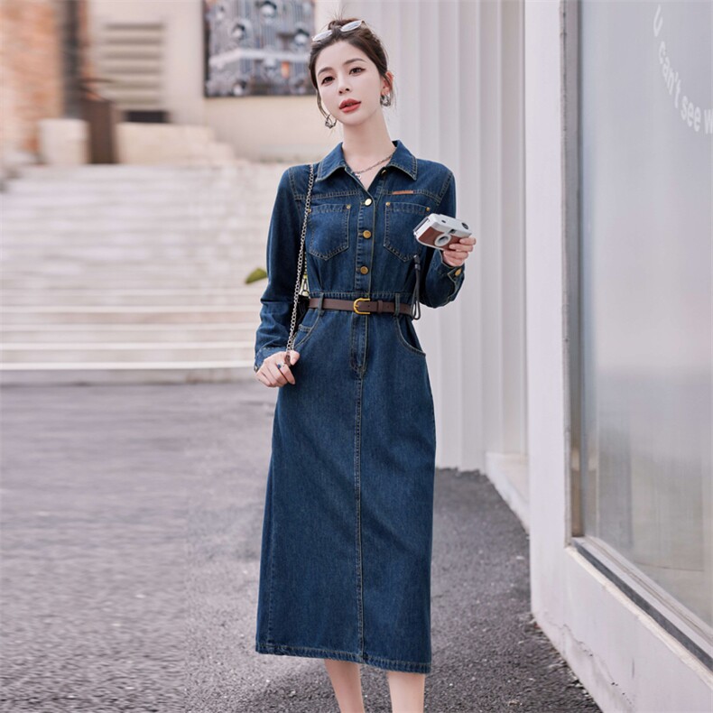 B馆二楼161号2024年春季牛仔翻领休闲风中长款连衣裙，女装连衣裙，瑶迪