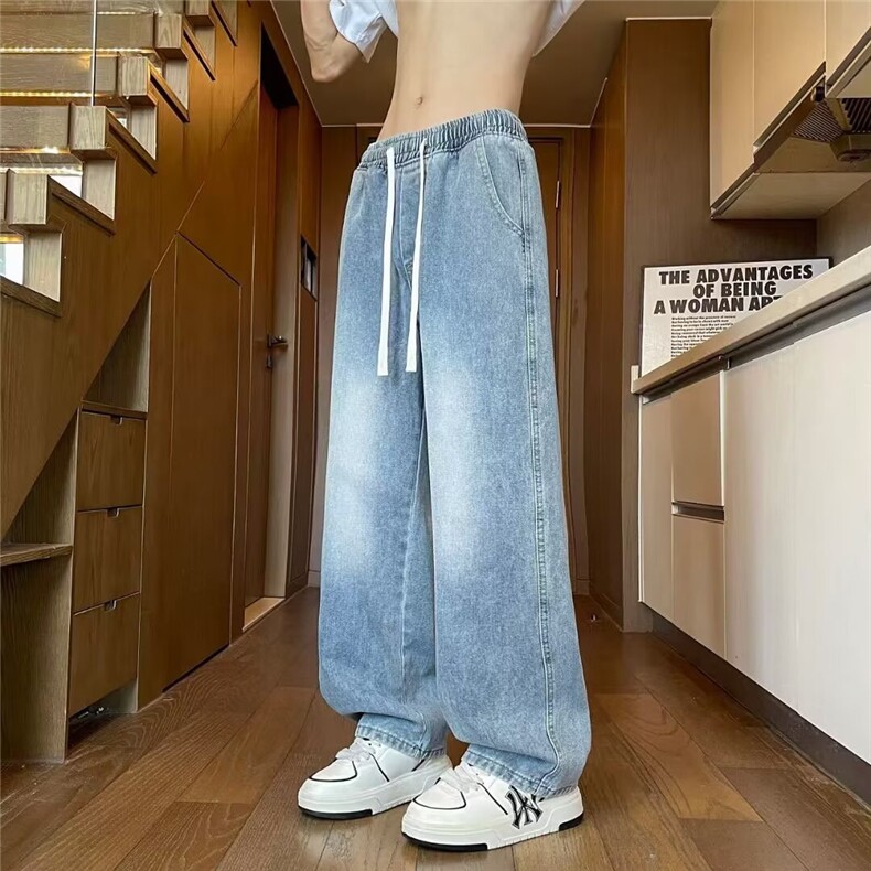 松紧腰牛仔裤男秋季质感阔腿裤大码宽松直筒水洗垂感裤子,男装牛仔裤,星座302B