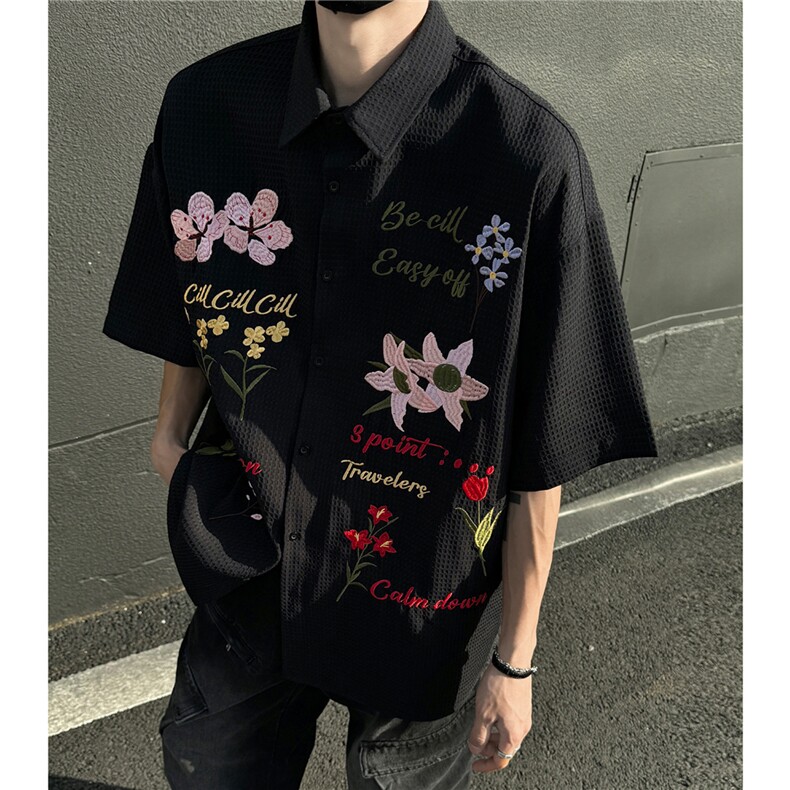 主推美式复古华夫格彩色花卉刺绣短袖衬衫情侣上衣男H939P68,男装T恤,电商A341