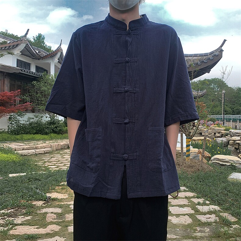 现货 新中式亚麻短袖风棉麻中华立领盘扣衬衣MT8515-P38 控58图片