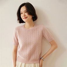 高端重工镂空扭花山羊绒衫女半袖圆领毛衣针织短袖秋冬中袖打底，女装羊绒衫，绒创羊绒