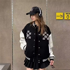 美式珍珠刺绣拼接撞色棒球服外套男女春季情侣休闲宽松夹克，男装夹克，星座506A