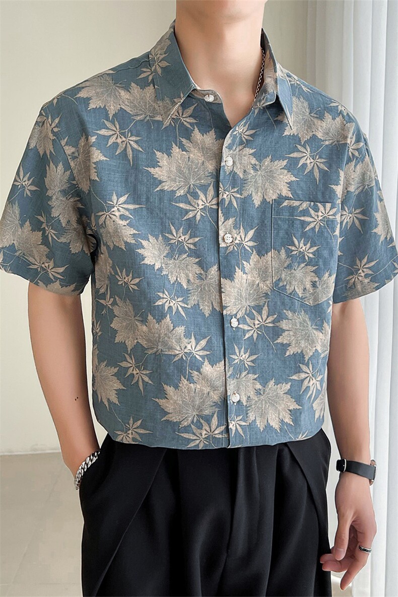 23新款轻熟风树叶花短袖衬衫男士宽松衬衣痞帅TZ98P5078,男装T恤,电商B413