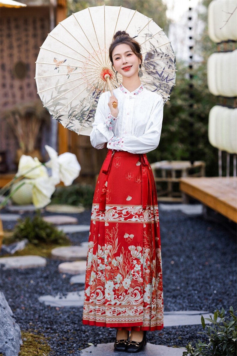 苏杭原创明制汉服女改良版新中式马面裙套装国风半身长裙子两件套,女装套装/套裙,丽美静依