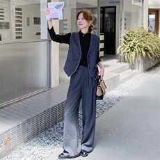 藏青色休闲时尚套装女秋季2025新款一整套穿搭马甲阔腿裤三件套，女装套装/套裙，2C056