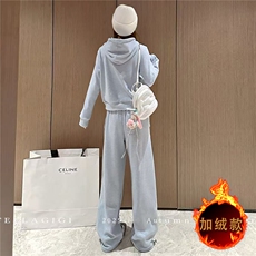 气质简洁休闲套装女秋冬新款韩系连帽卫衣直筒长裤显高显瘦两件套，女装套装/套裙，江南