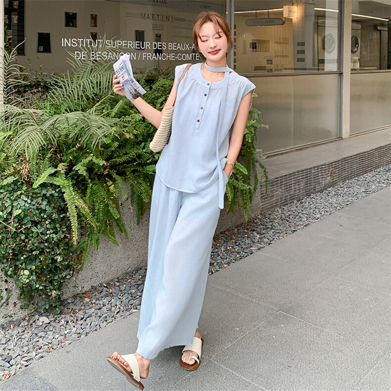 新款蓝色棉麻两件套2C110-H9710-P135-198,女装套装/套裙,2C110