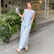 新款蓝色棉麻两件套2C110-H9710-P135-198，女装套装/套裙，2C110