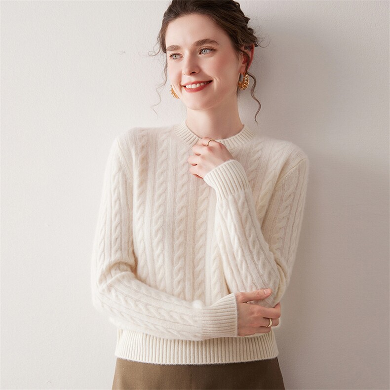 2025年秋季新款百搭女士七针加厚圆领麻花，女装羊绒衫，尚达羊绒