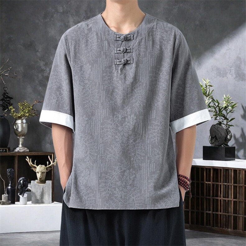 男士衬衫五分袖衬衣中袖印花圆领唐装风 XZ1512-2612-P40图片