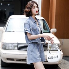 2021夏季新款时尚气质翻领休闲简约个性百搭舒适牛仔两件套，女装套装/套裙，纯色衣恋