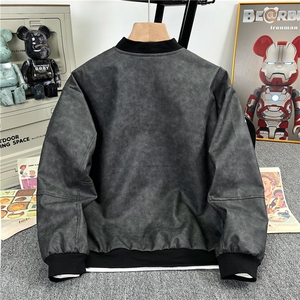 美式高街字母印花PU皮棒球服男复古宽松潮流机车皮衣外套-PY964图片