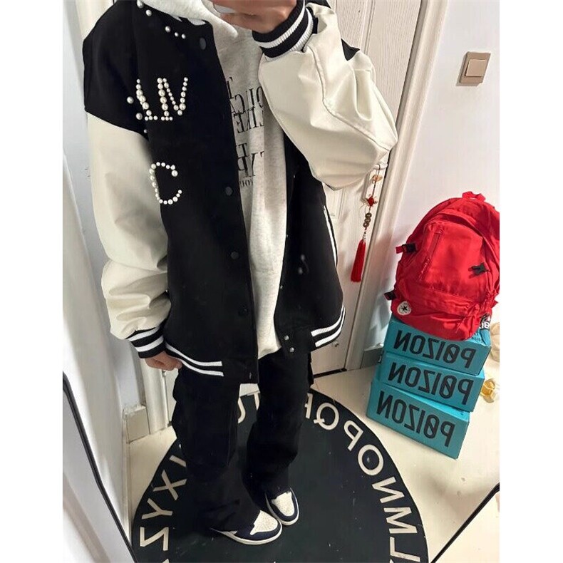 春秋新款钉珠毛呢棒球服美式复古潮牌嘻哈学生外套宽松夹克男女图片
