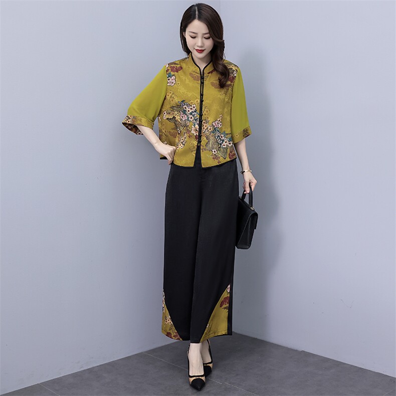 2025年夏季新款时尚套装女宽松气质百搭中式妈妈装棉麻裤子两件套,女装套装/套裙,华秀衣