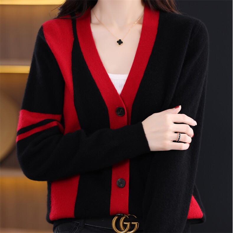 秋冬羊毛开衫女V领撞色外穿长袖毛衣宽松百搭针织外套，女装针织衫/毛衣，唯若美羊绒