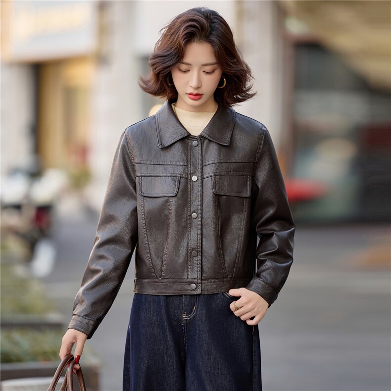 Bao款[加单的]女2026高级感复古休闲气质酷飒PU皮加绒夹克上衣,女装皮衣,潮流依族