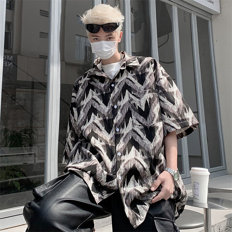 CS6001-特35控58 抖音品 夏季美式高街宽松潮流冰丝短袖男花衬衫图片