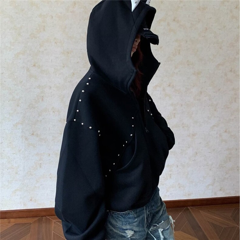 6168-P72美式复古珍珠设计感连帽短款卫衣女外套,女装短外套,电商B323A