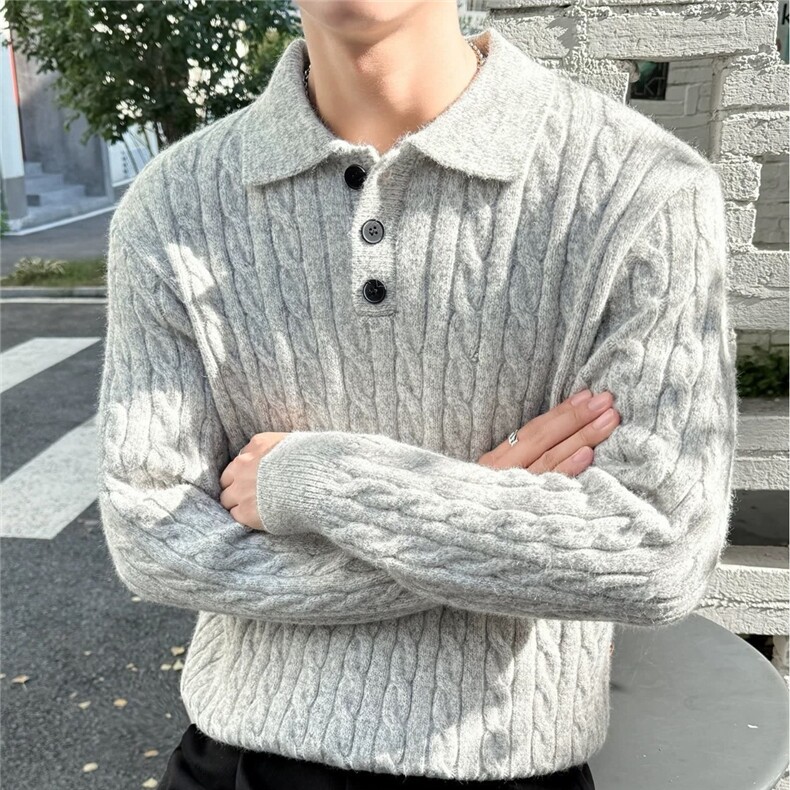 春秋季慵懒风休闲轻奢翻领男polo衫简约纯色细条磨毛通勤针织毛衣,男装针织衫/毛衣,星座715-4