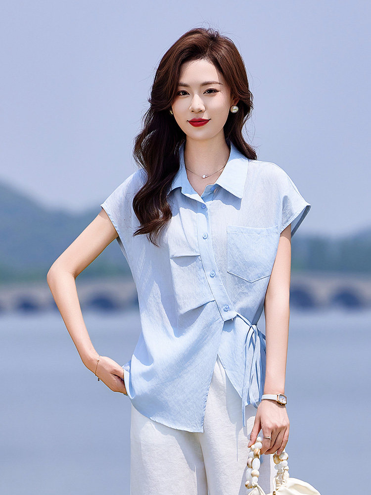 时尚休闲女夏季薄款2025新款高级感减龄短袖衬衫阔腿裤,女装衬衫,靓衣阁
