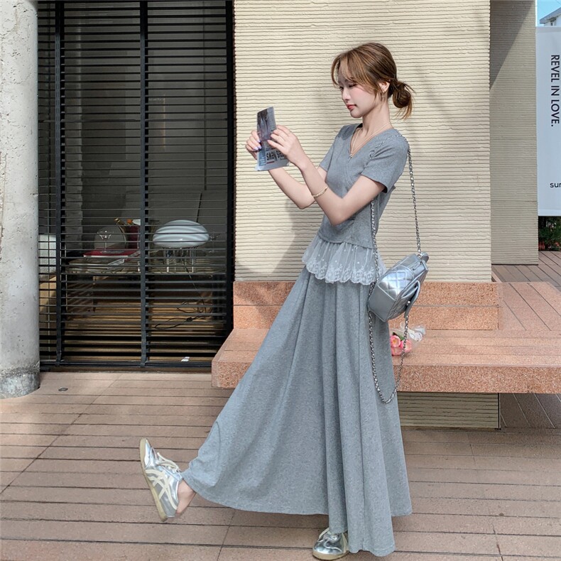 纯欲风高级感灰色套装女夏2025新款蕾丝拼接V领上衣半身裙两件套,女装套装/套裙,2C095