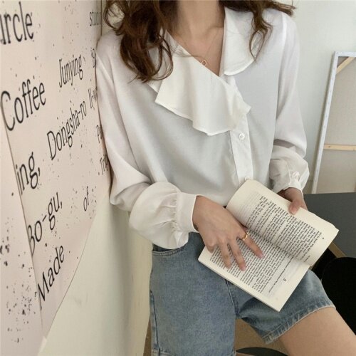 价！韩版复古宽松侧门襟设计感不规则荷叶领雪纺衬衫，女装蕾丝衫/雪纺衫，潮品会