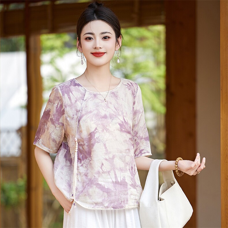 亚麻休闲裤套装女复古两件套高端苎麻印花上衣新款夏装棉麻短袖，女装套装/套裙，衣之秀