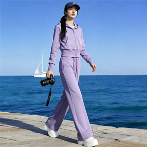 欧货慵懒风时尚套装女春季设计感纯色连帽外套休闲阔腿长裤两件套图片