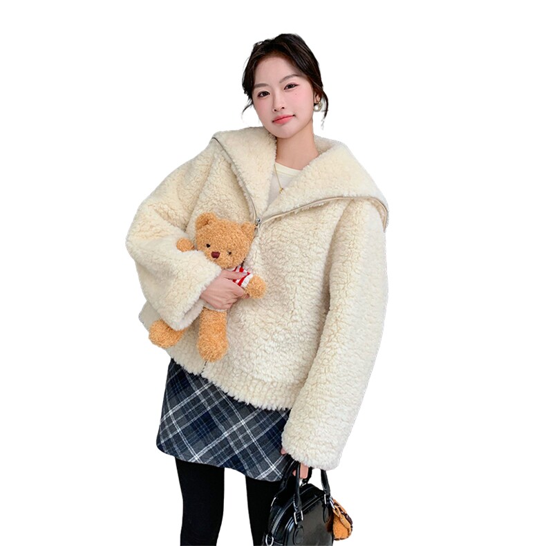 韩版时尚大翻领皮毛一体羊羔毛外套女2024冬季新款保暖上衣短款潮，女装皮草，2C159