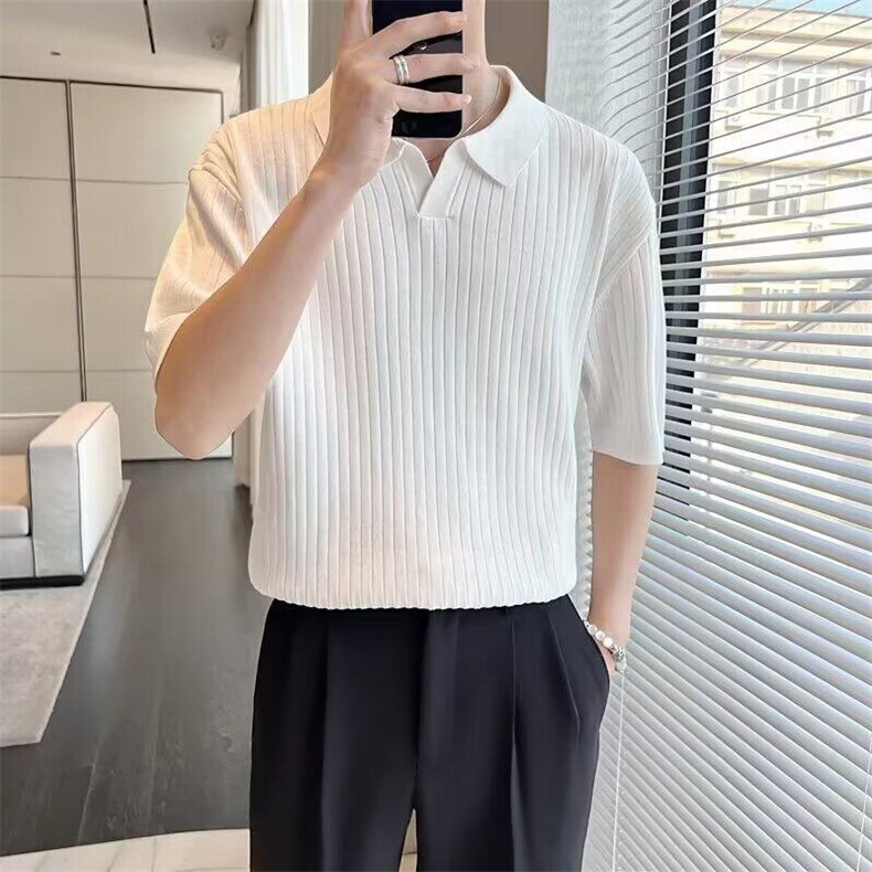 夏季条纹短袖polo衫男韩版修身翻领纯色休闲薄款T恤,男装Polo衫,星座410-7