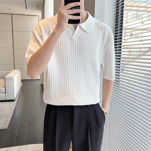 夏季条纹短袖polo衫男韩版修身翻领纯色休闲薄款T恤图片