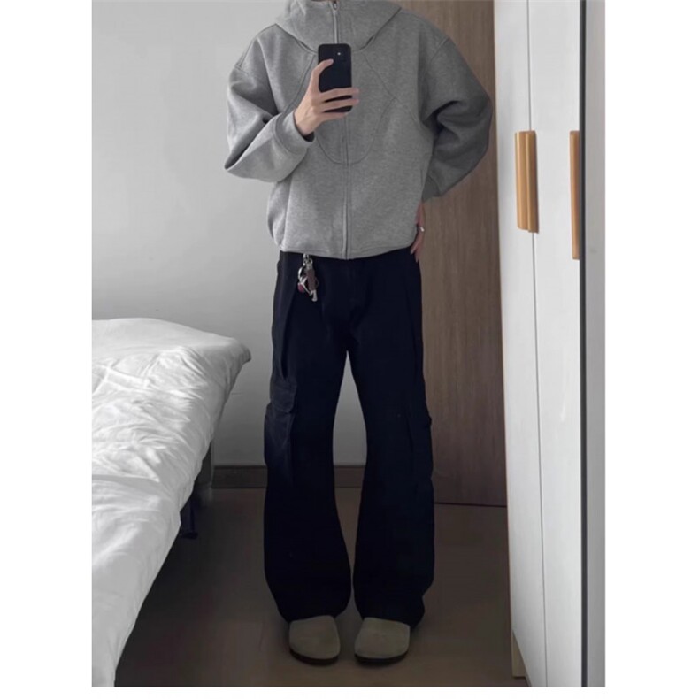 美式cleanfit重磅开衫卫衣男秋季加绒高街潮牌百搭连帽外套,女装短外套,四季星座505