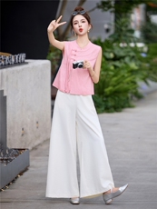 现货209-3277-P155-K218新款新中式夏季盘扣阔腿裤两件套，女装套装/套裙，韩蜜菓