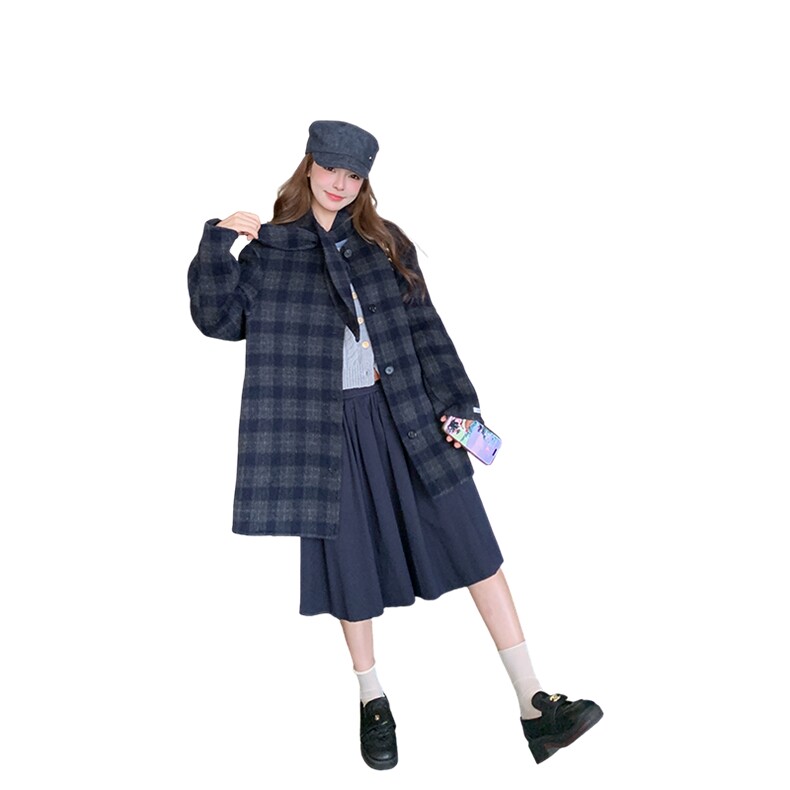 复古格子双面羊毛大衣女2025冬季新款韩系学院风休闲减龄毛呢外套,女装毛呢外套,2C269