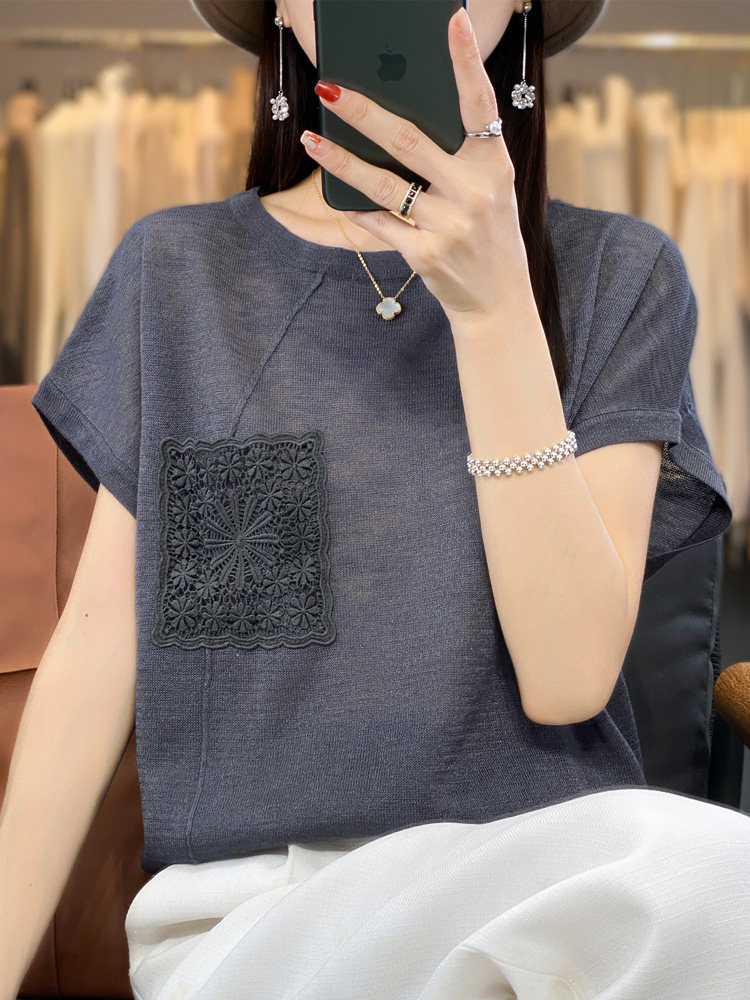 夏季薄款竹节麻短袖韩版冰丝t恤女针织衫时尚上衣设计感小众外穿,针织衫/毛衣,鄂维那特
