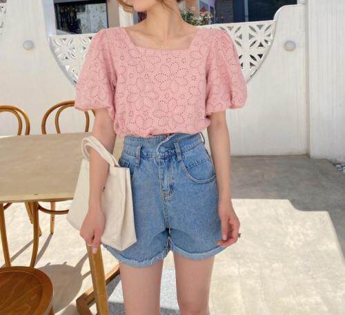 棉布刺绣泡袖上衣，女装，新袖