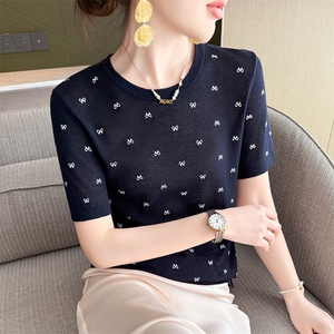 薄款细支精纺羊毛针织短袖女春夏圆领印花半袖套头内搭外穿T恤衫图片