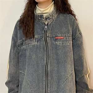 美式复古水洗做旧牛仔夹克男秋季宽松痞帅情侣装机车服外套图片