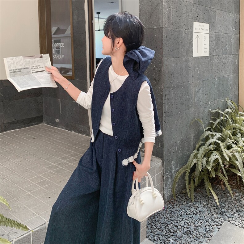蕾丝拼接牛仔马甲套装裤女春秋2025新款韩系长袖打底阔腿裤三件套,女装套装/套裙,2C203