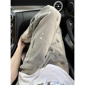 网图 涂鸦设计感泼墨扎染牛仔裤男水洗直筒长裤N6454-特P45控88图片