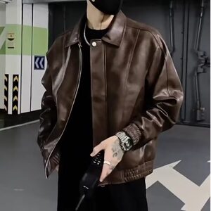 流行新款时尚日系潮流ins慵懒百搭高级感潮牌百搭男皮衣外套翻领图片