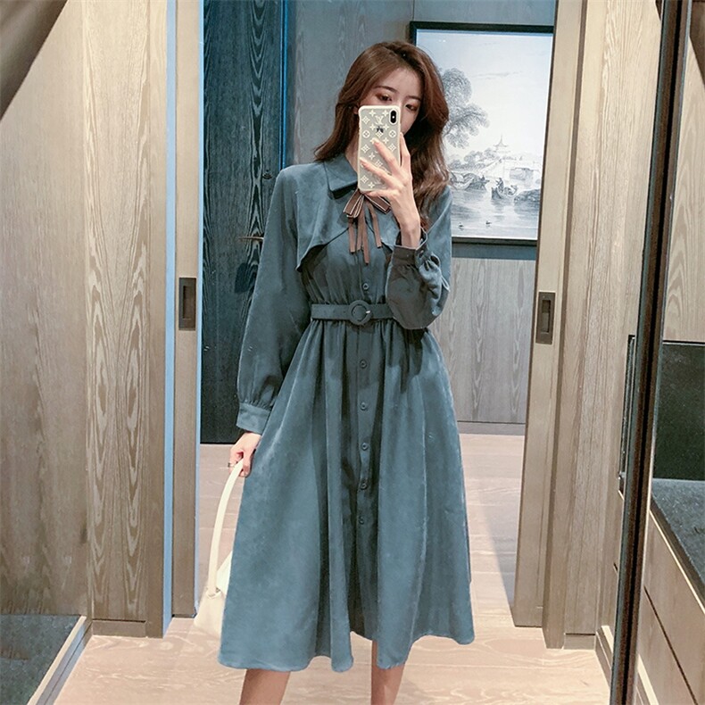 2021年秋冬新款连衣裙单排扣灯芯绒长袖女法式小众收腰森系裙子女,女装连衣裙,潮品会