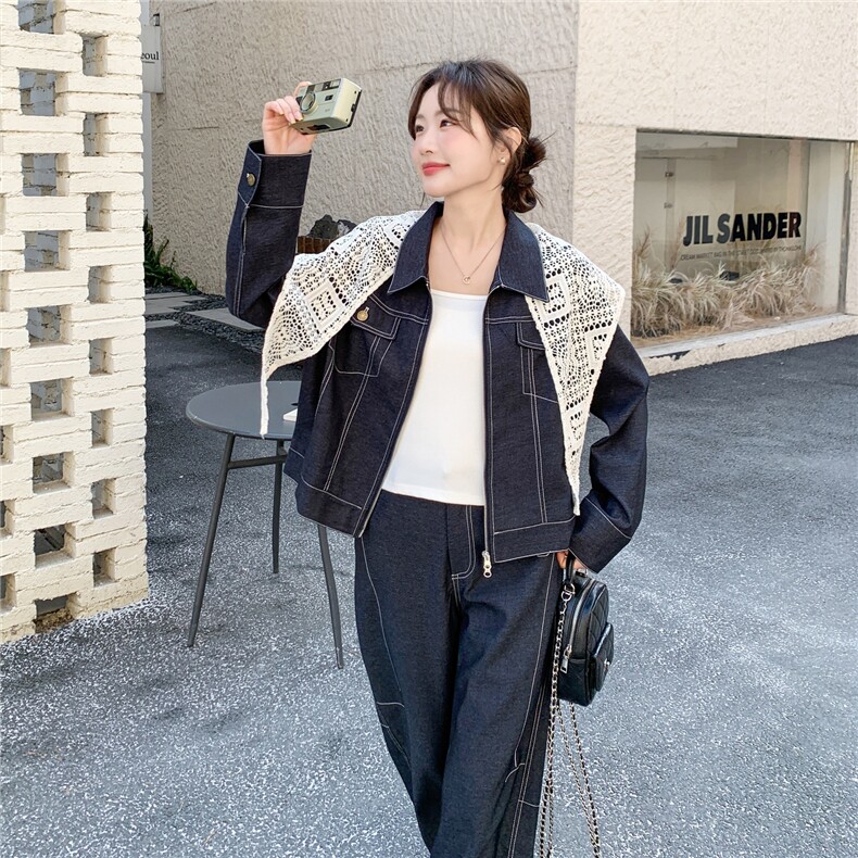 【新品】牛仔套装短外套+弯刀裤两件套带蕾丝披肩,女装套装/套裙,2B076