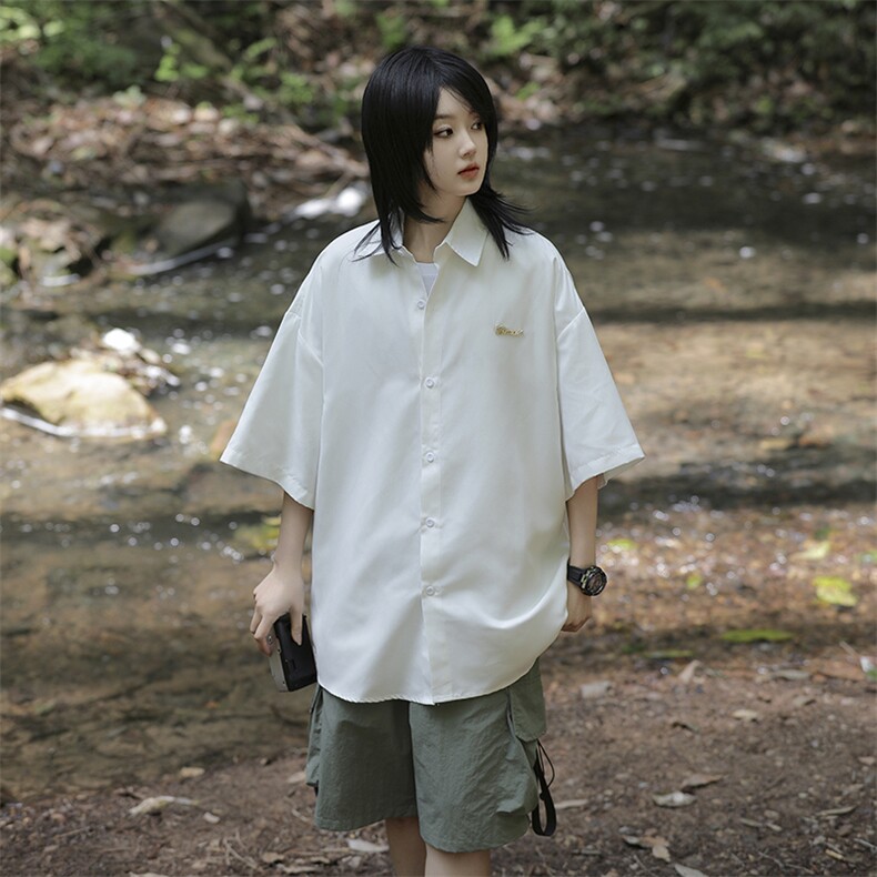 日系新款复古纯色短袖衬衫男女同款夏季宽松休闲情侣衬衣,男装衬衫,星座410-6（原星座1304-1）