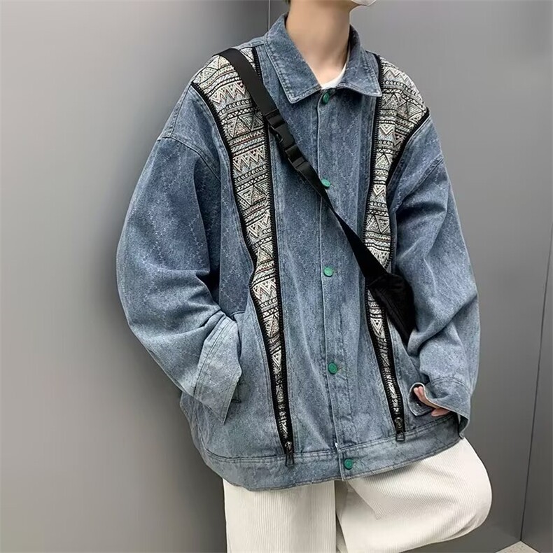 Y8091-P40复古民族风拼色贴布口袋拉链牛仔外套洋气时尚百搭翻领,男装工装外套,电商B323A
